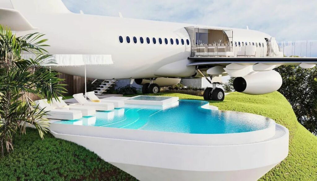 Boeing 737 luxury hotel with outside pool