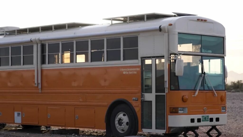 Couple Turns 40-ft School Bus into Luxury RV with Large Pantry in Kitchen