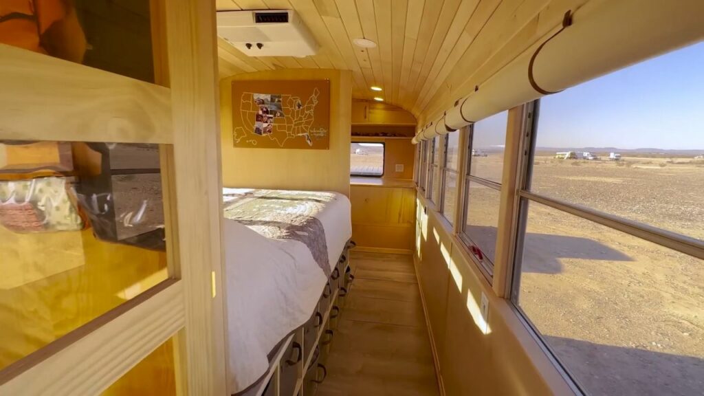 Couple Turns 40-ft School Bus into Luxury RV with Large Pantry in Kitchen