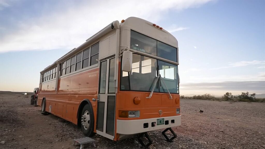 Couple Turns 40-ft School Bus into Luxury RV with Large Pantry in Kitchen