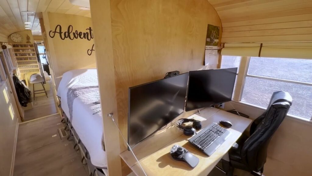 Couple Turns 40-ft School Bus into Luxury RV with Large Pantry in Kitchen