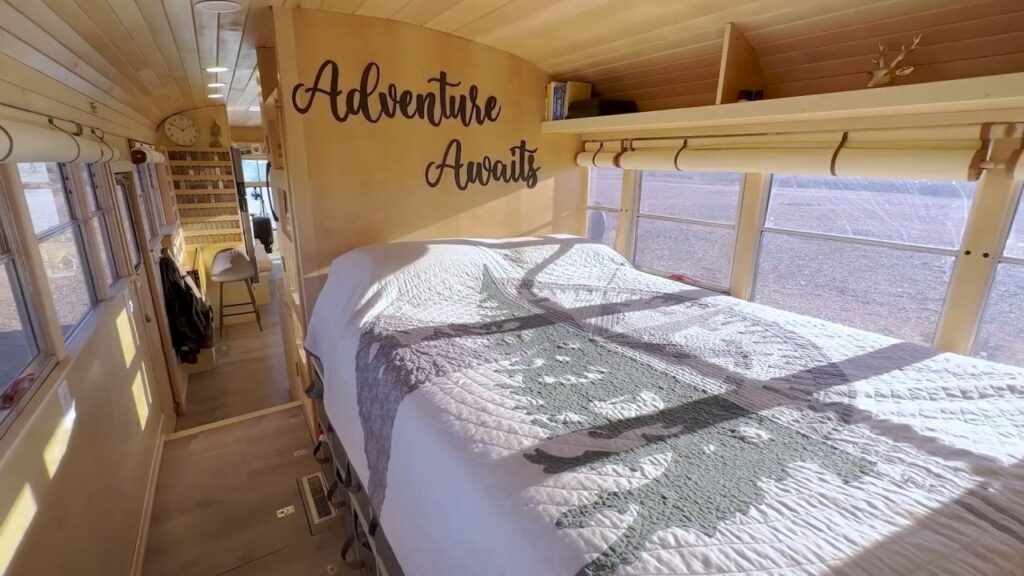 Couple Turns 40-ft School Bus into Luxury RV with Large Pantry in Kitchen