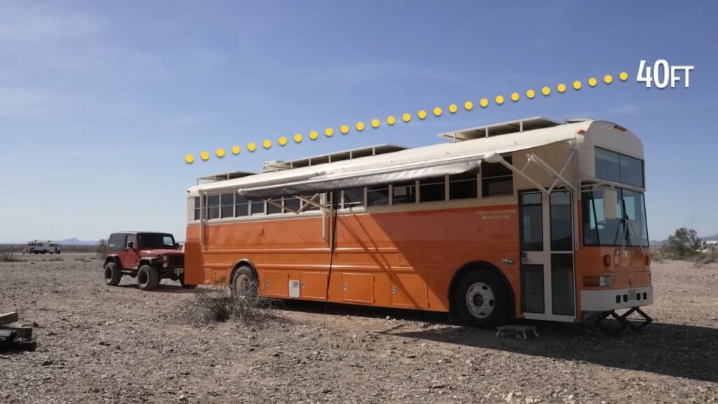 Couple Turns 40-ft School Bus into Luxury RV with Large Pantry in Kitchen 