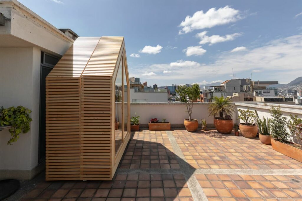 Folding Iwi micro cabin by Juan Ruiz and Amelia Tapia in Ecuador feature glass doors