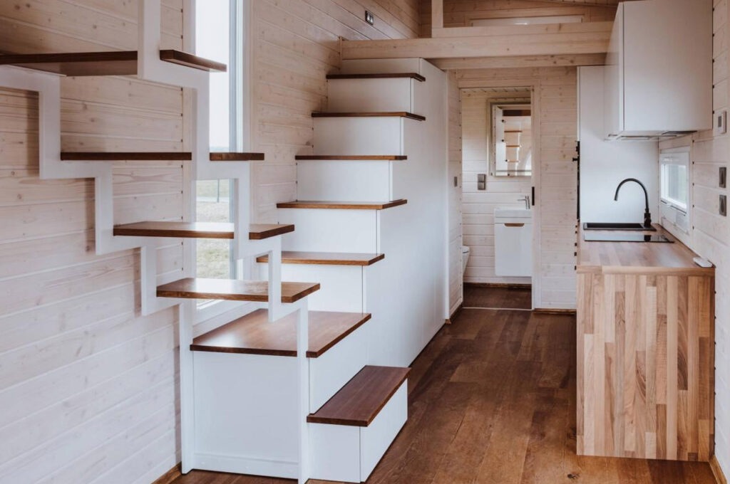 Stairs of Dufour Tiny House on Wheels shelf by Berghaus