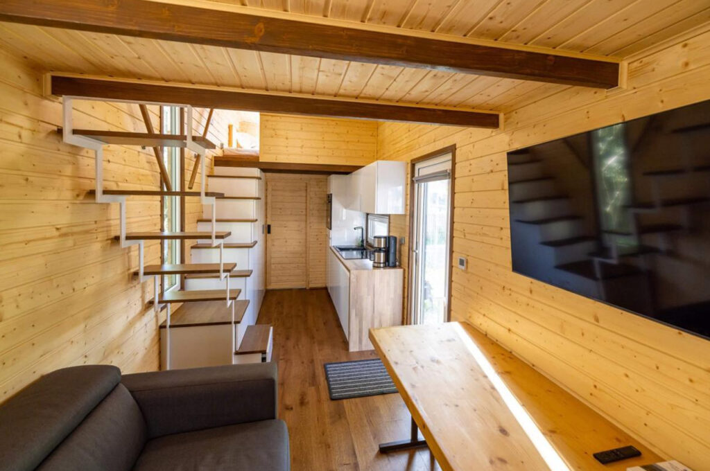 Interior of Dufour Tiny House on Wheels shelf by Berghaus