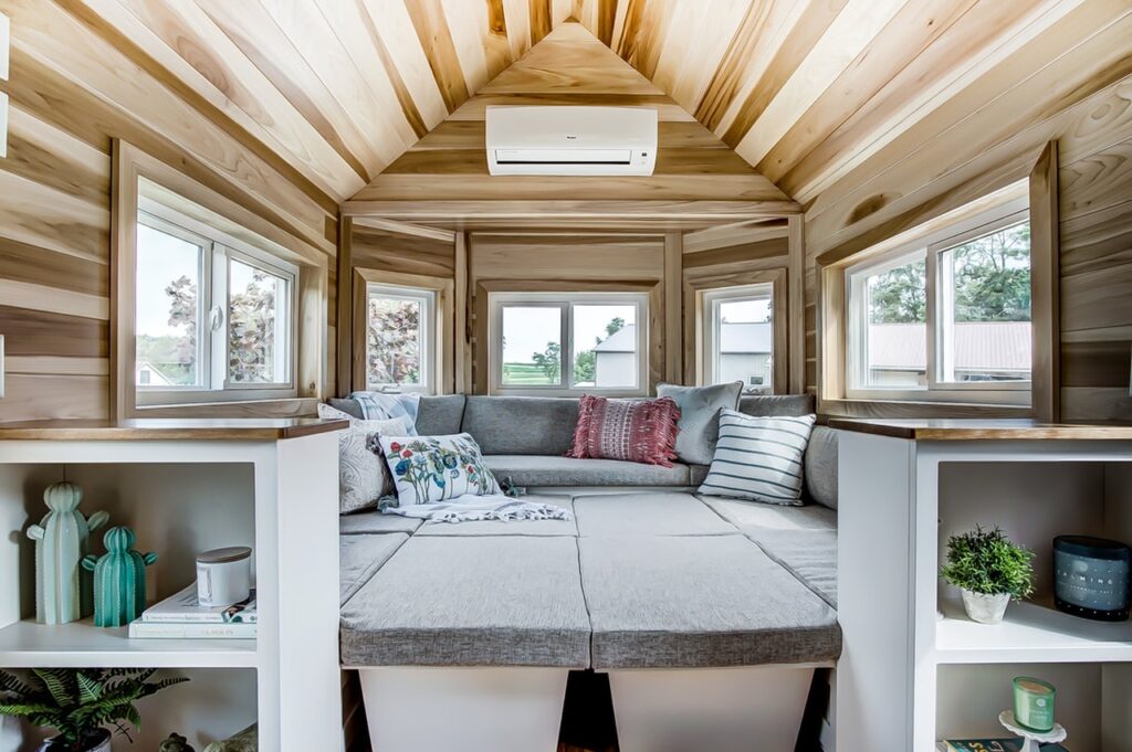 Clover Tiny House Bay Window Living Room Turned into Bedroom