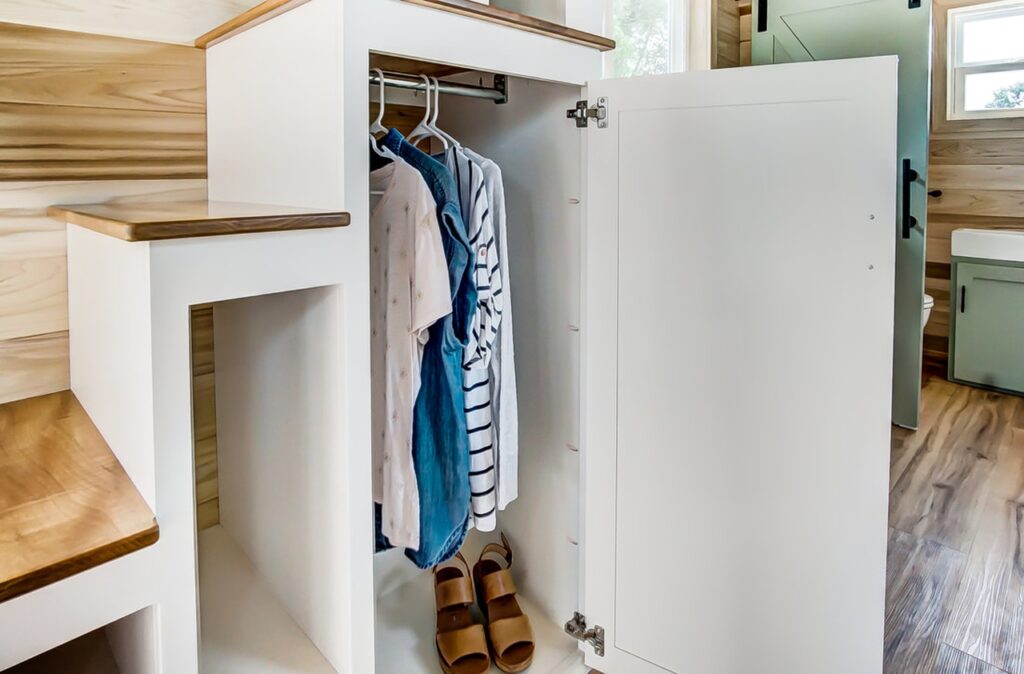 Clover Tiny House - Hanging Storage Under Stairs