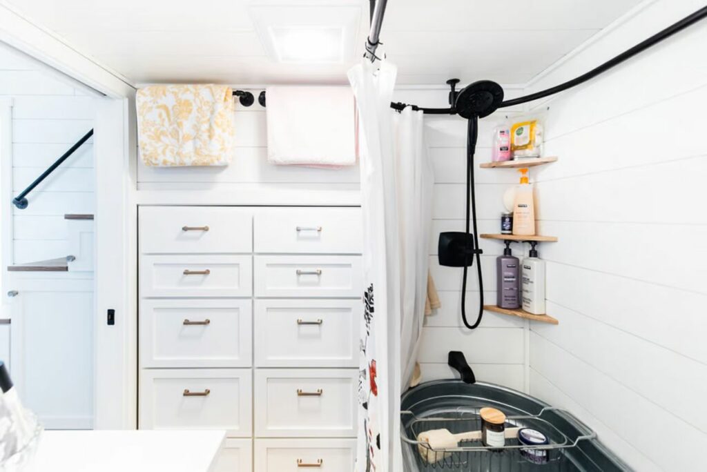 Jen’s 34′ x 10′ Tiny Home bathroom