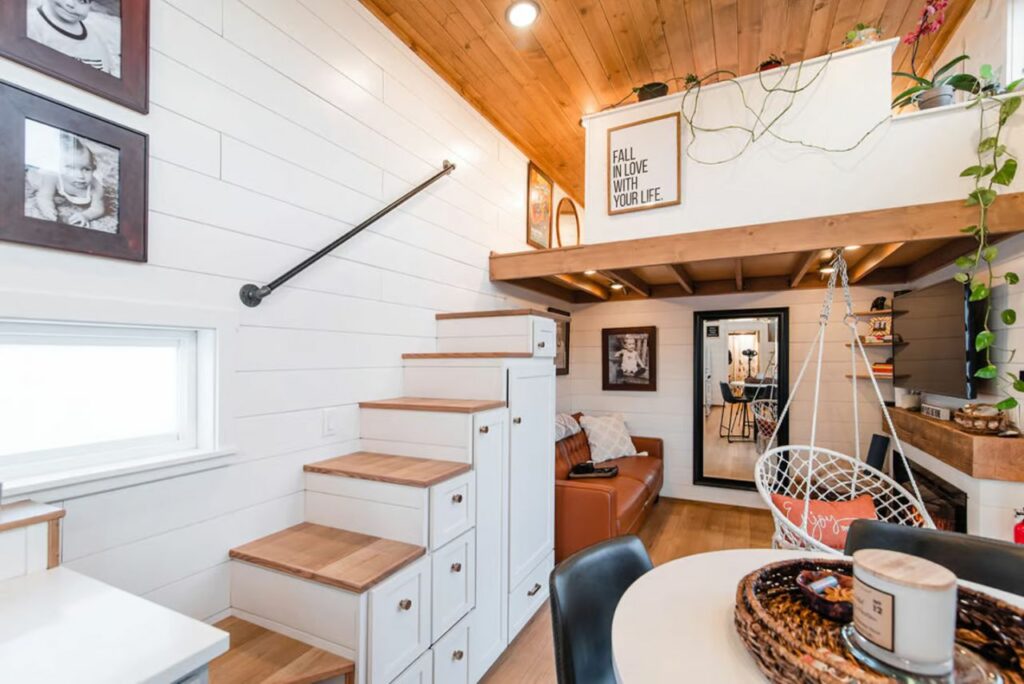 Jen’s 34′ x 10′ Tiny Home storage integrated stairs