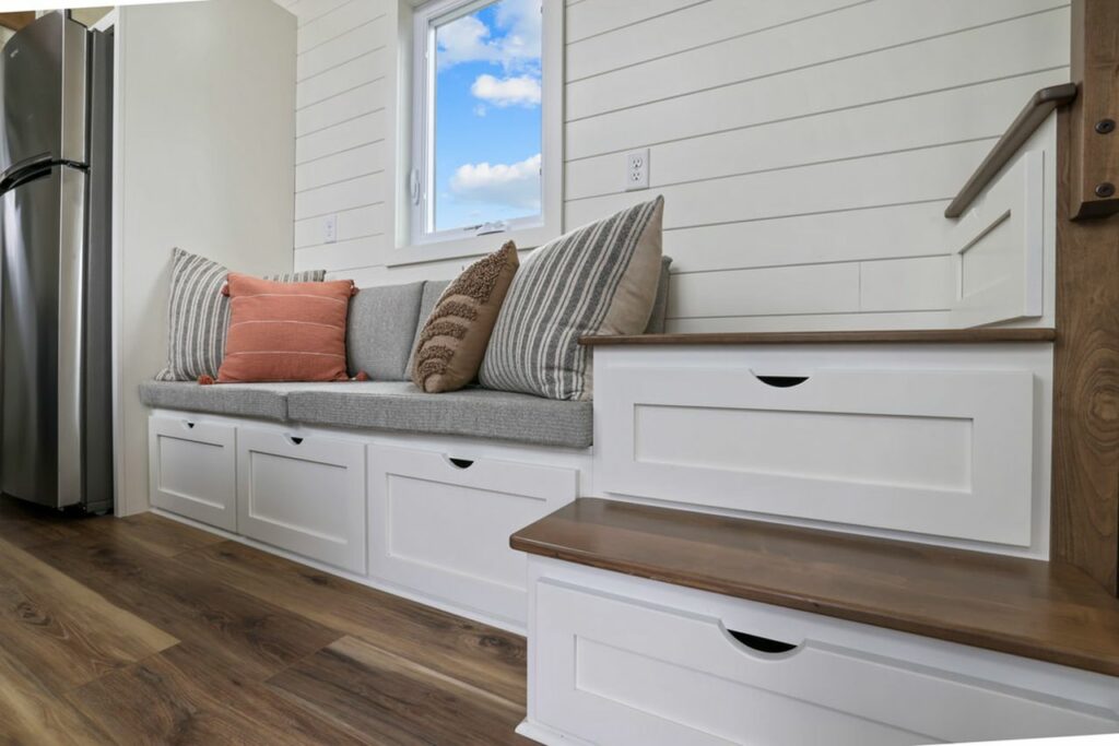 Ulla-Carin tiny house sofa and storage-integrated stairs