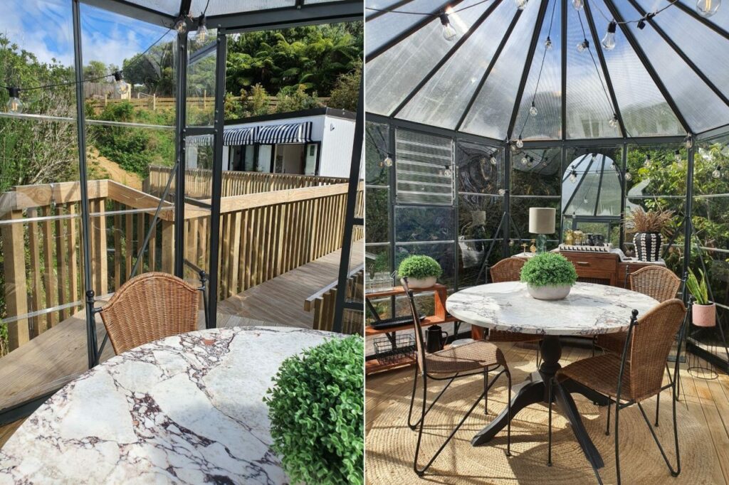 Glasshouse dining room next to a tiny guest room