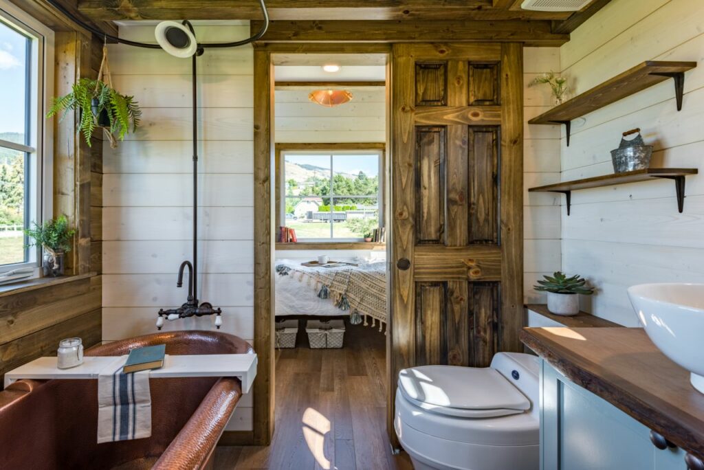 Hummingbird tiny house bathroom and bedroom