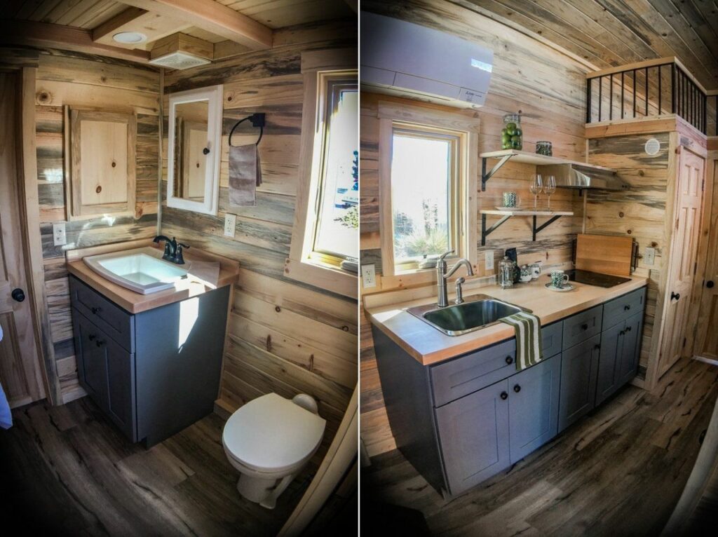 Kitchen and bathroom of Roanoke tiny house