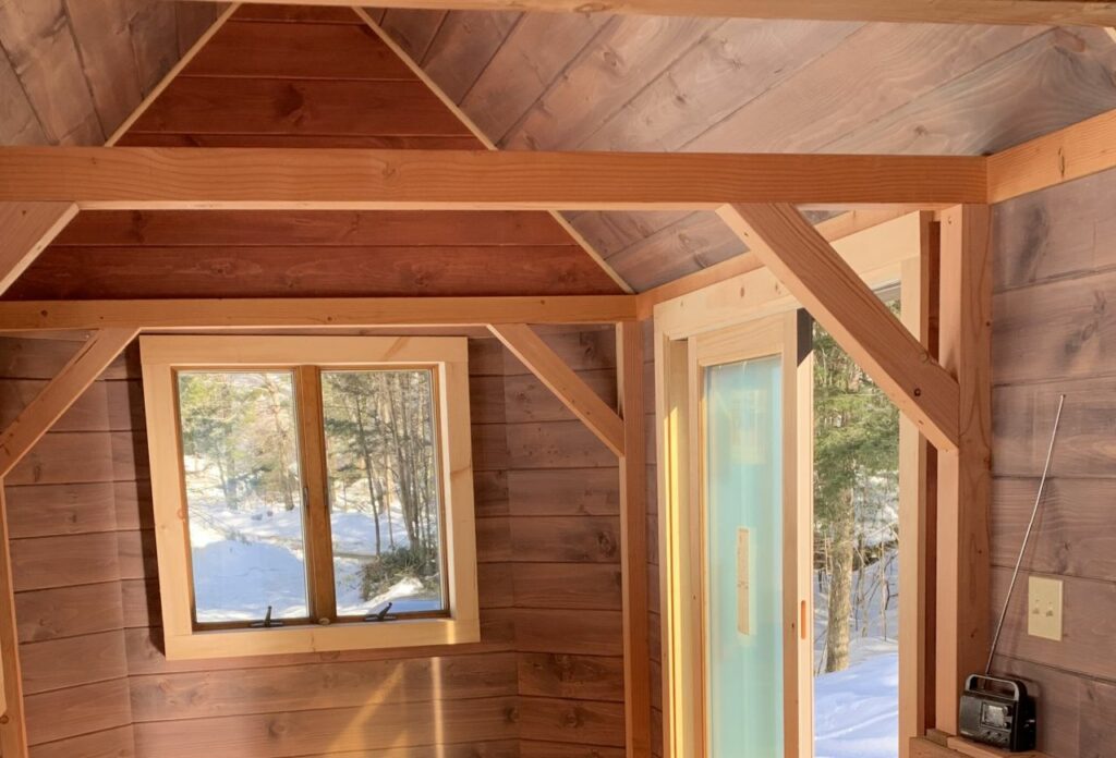 Driftwood tiny house entrance, walls and ceiling