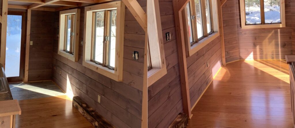 Driftwood tiny house windows and interior