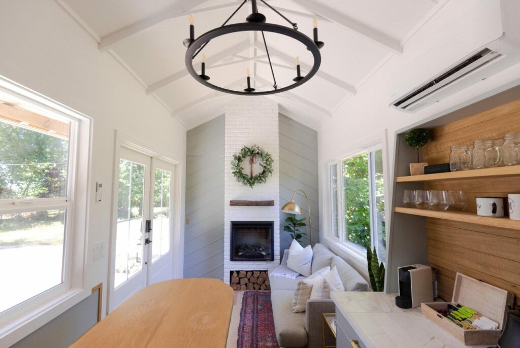 Fireplace and living room in Hideaway tiny home