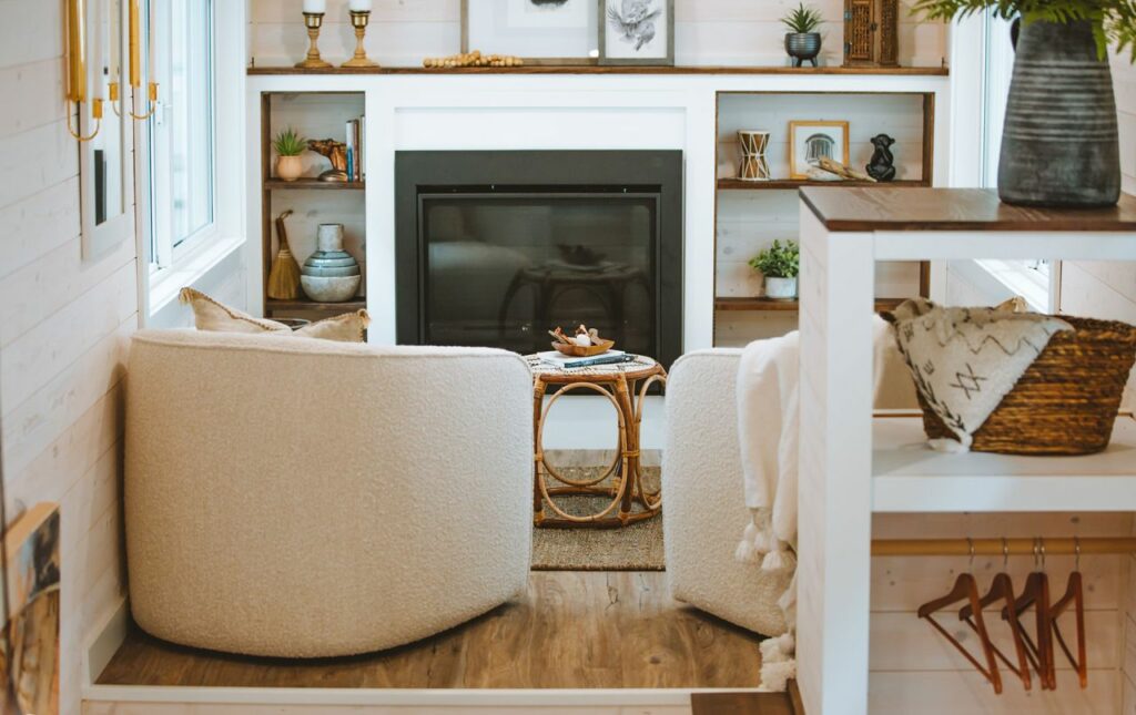 Pacific Retreat Tiny House interior and fireplace