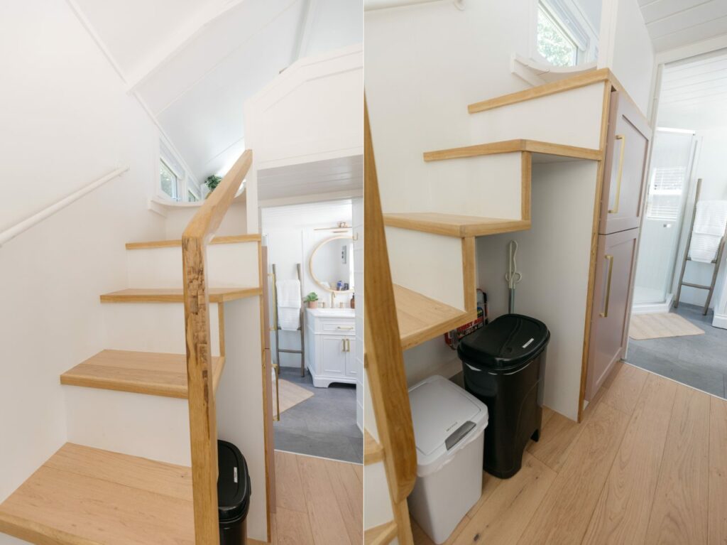 Staircase to Loft bedroom in Hideaway tiny house