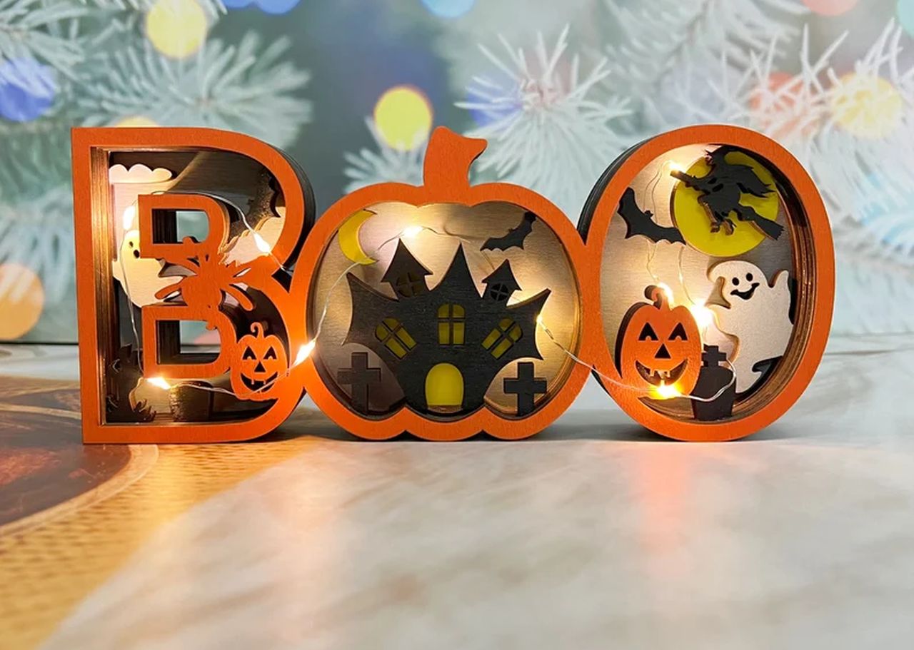 3D Carved Wooden Ghost BOO Sign