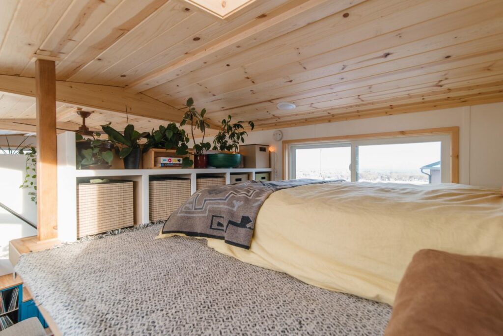 Carrie-and-Dan’s-Tiny-House-Sleeping loft with skylight