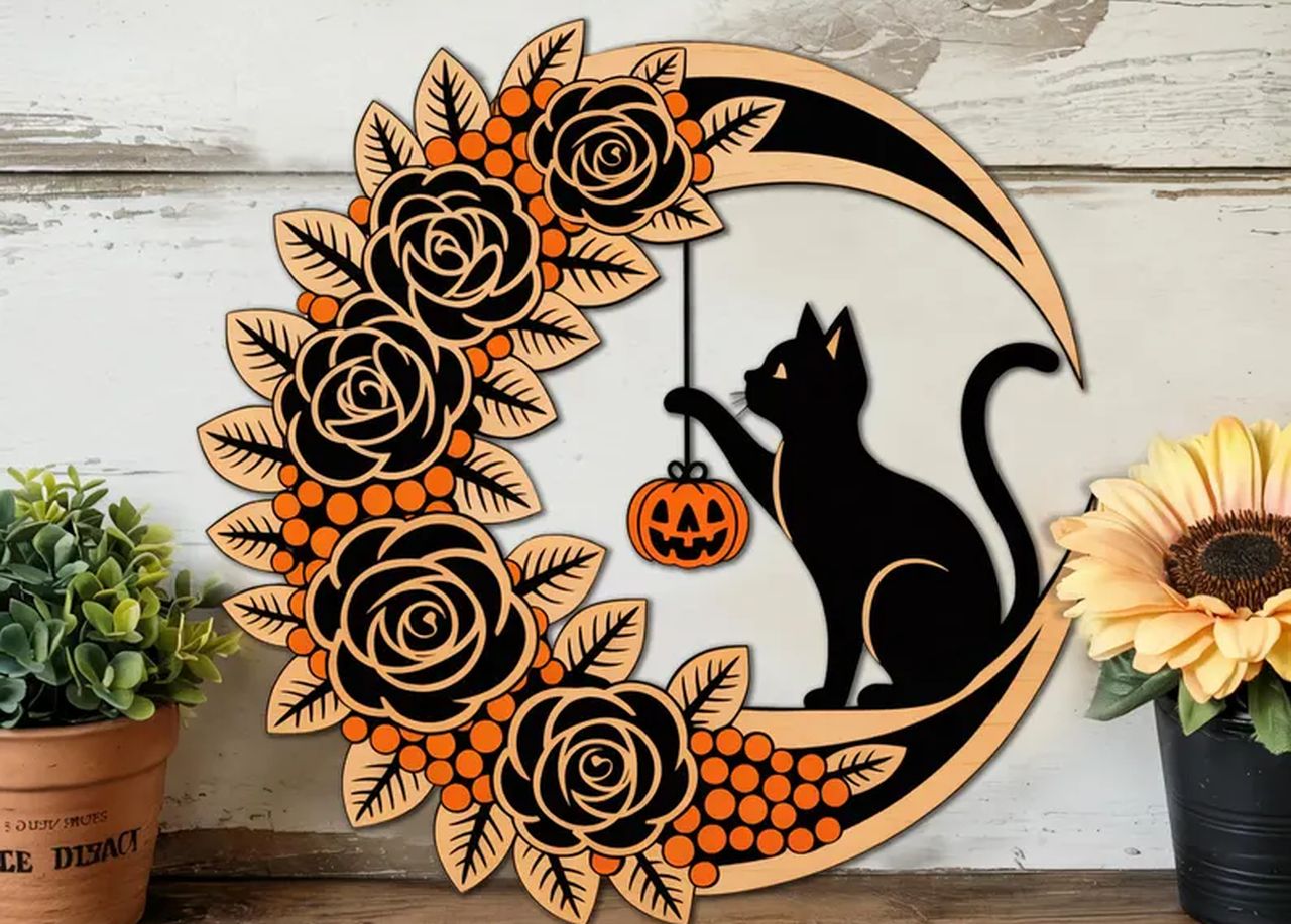 Halloween Black Cat Crescent Moon Sign