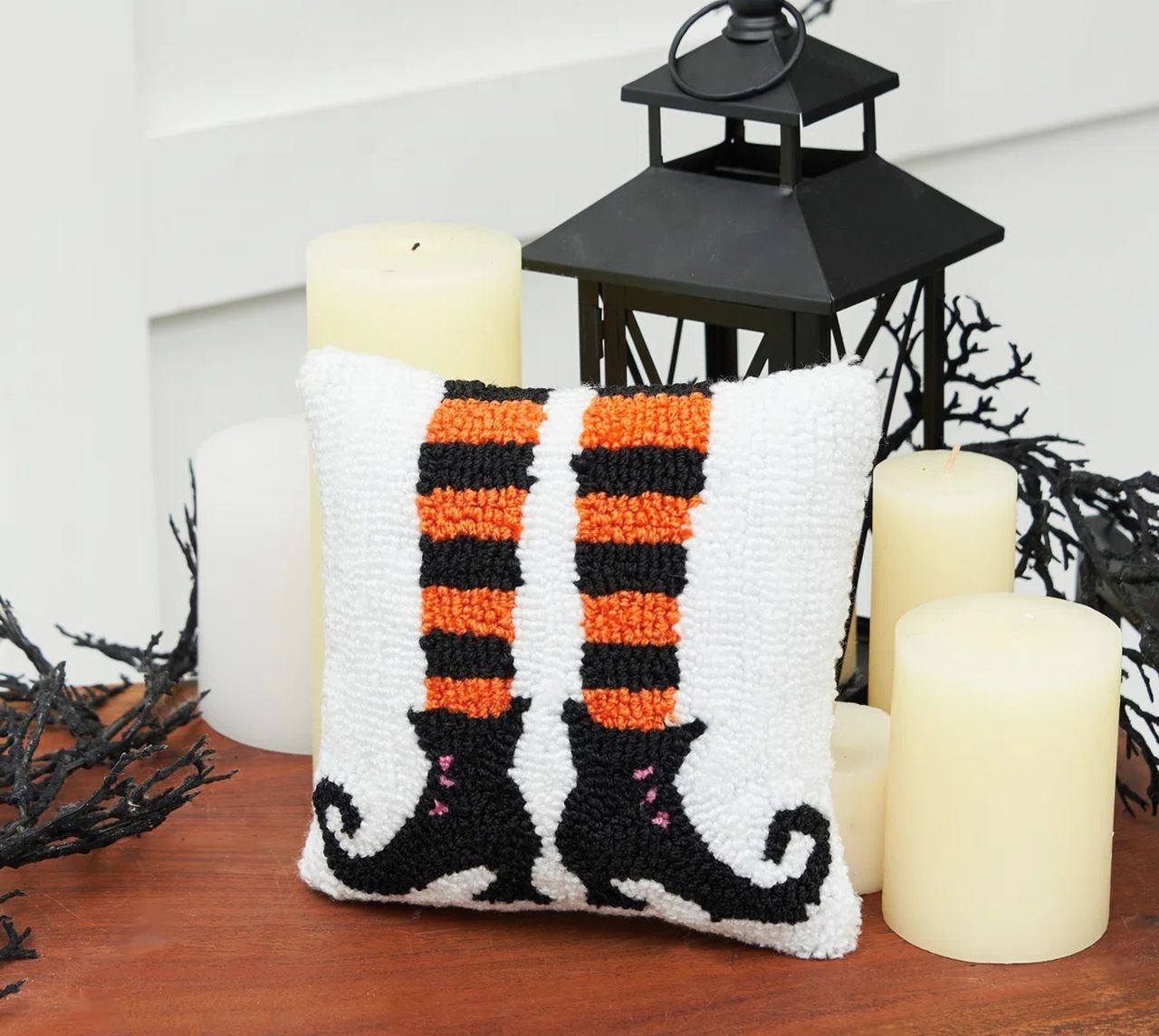 Witch Shoes Halloween Hooked Throw Pillow