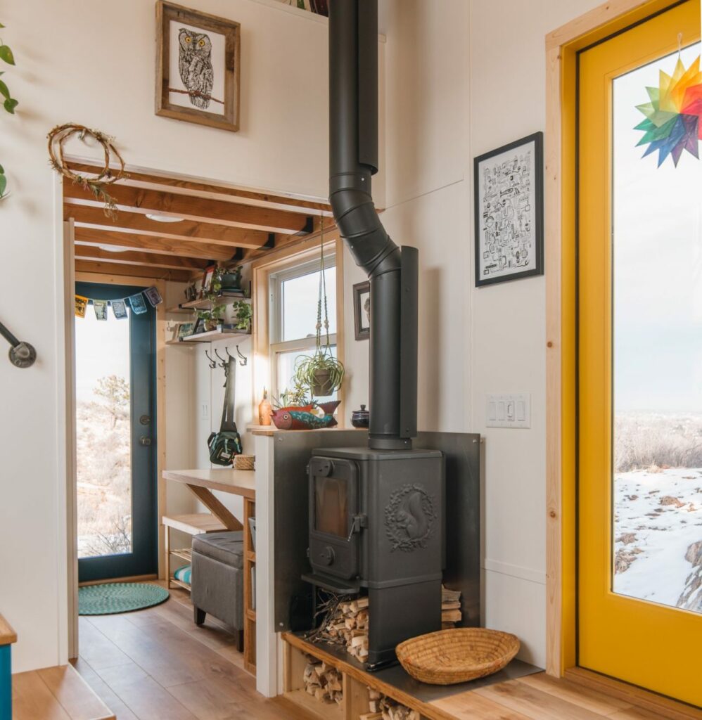 Wood-fired fireplace in tiny house