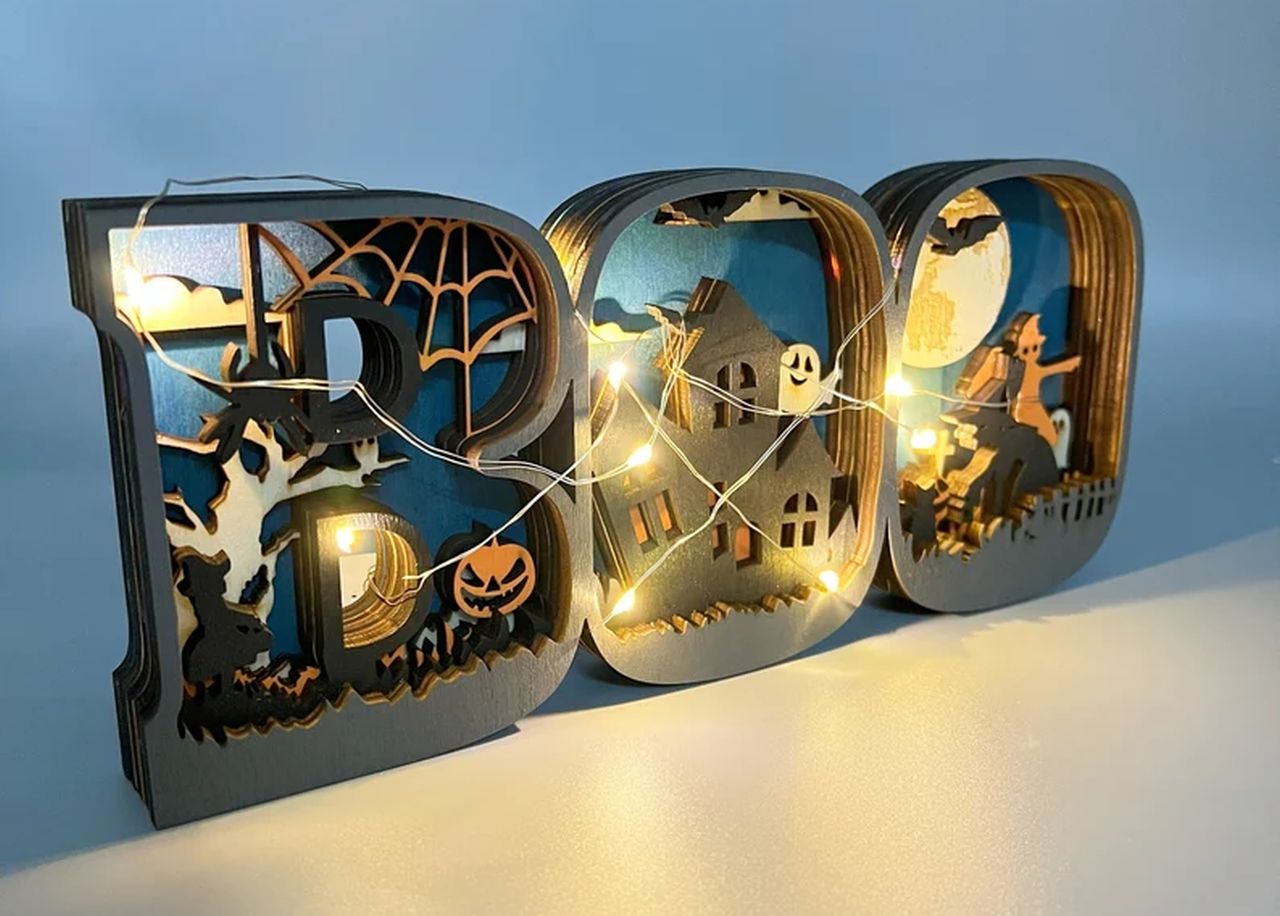 3D Carved Wooden BOO Sign Lamp