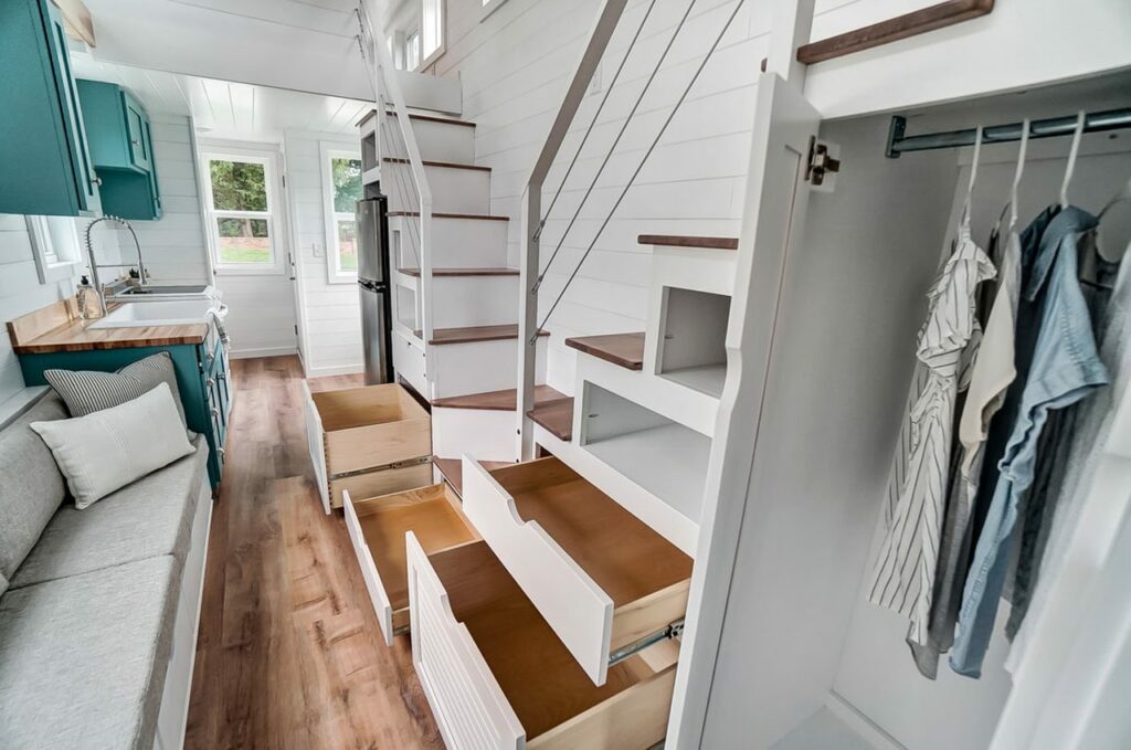 Gallaway Tiny House - Twin staircases with storage 1