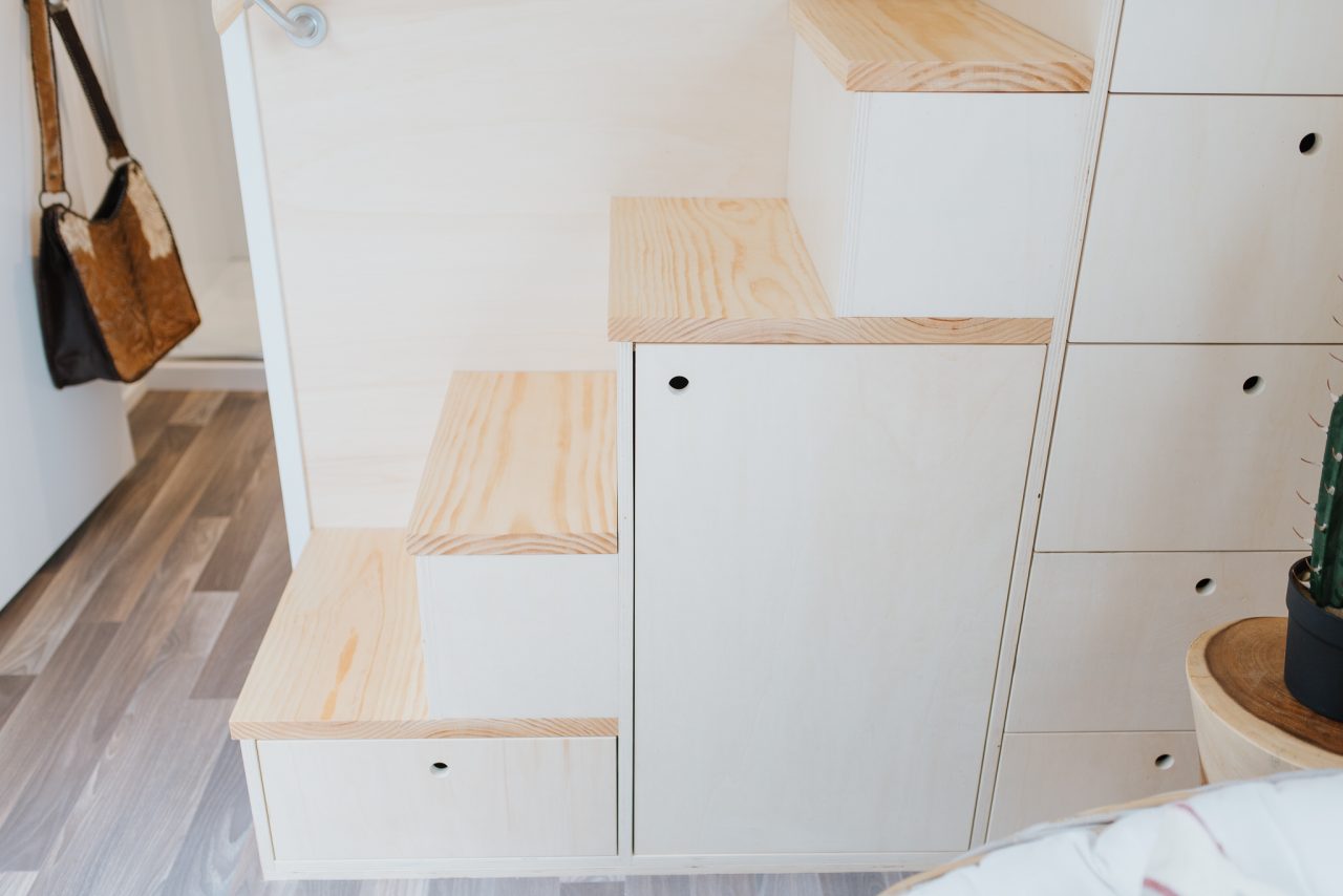 Kahurangi Koinga Tiny House - Storage-integrated stairs