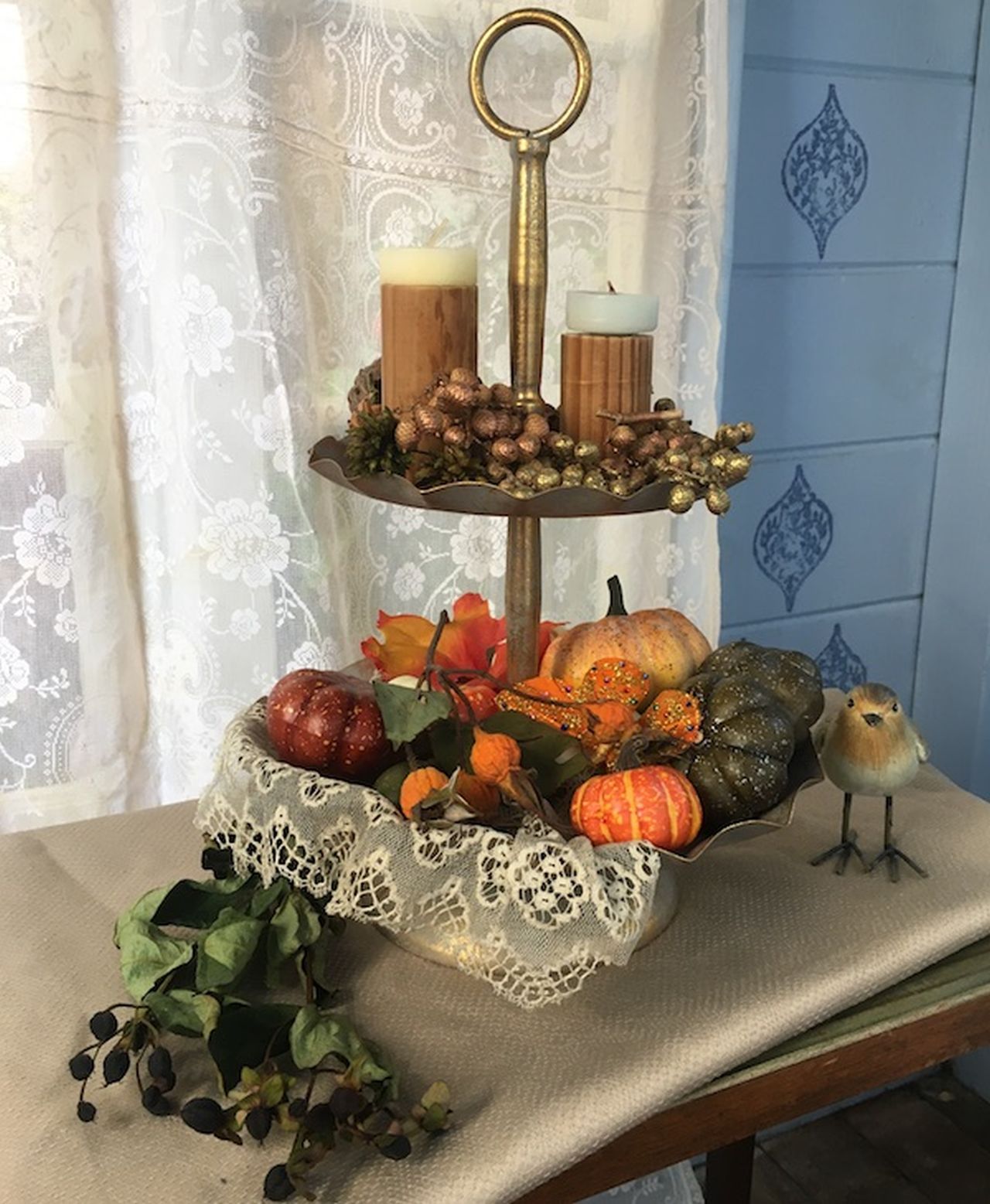 A Chic Tiered Tray Ornamented in Colorful Pumpkins