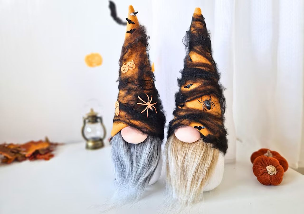 Adorable Halloween Gnome with Spider and Bat