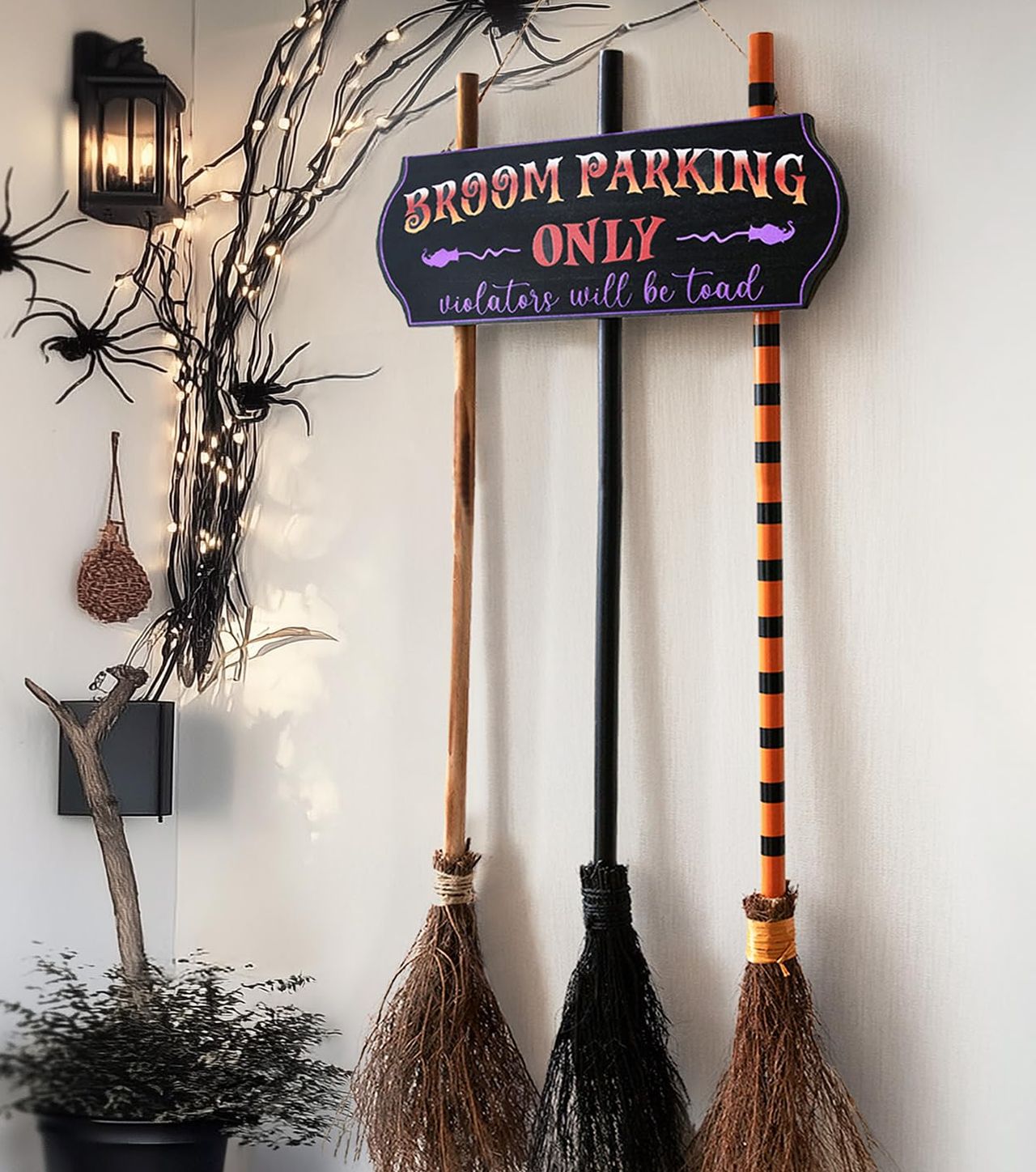 Broom Parking Sign with 3 Wooden Witches Brooms