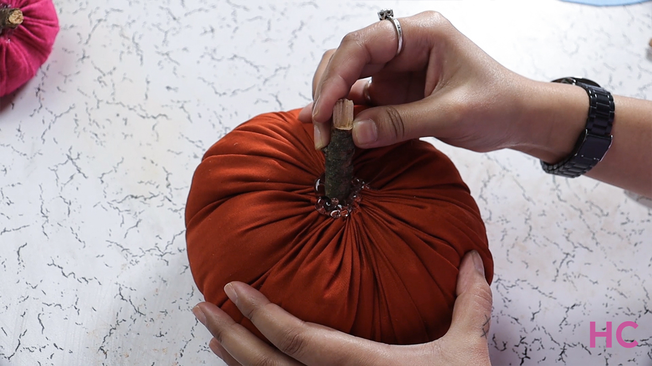 DIY Fabric Pumpkin Tutorial- stick a tiny twig