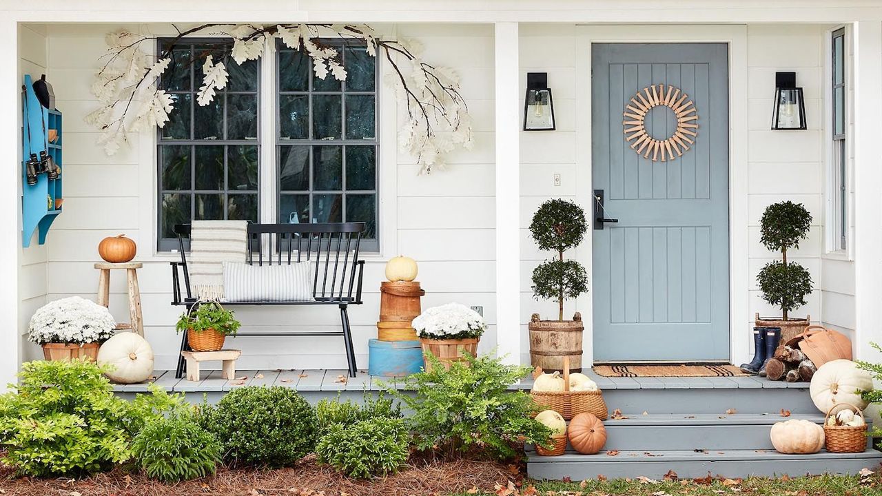 Front Porch Fall Decoration Ideas - paper oak leaf glued on bare branches
