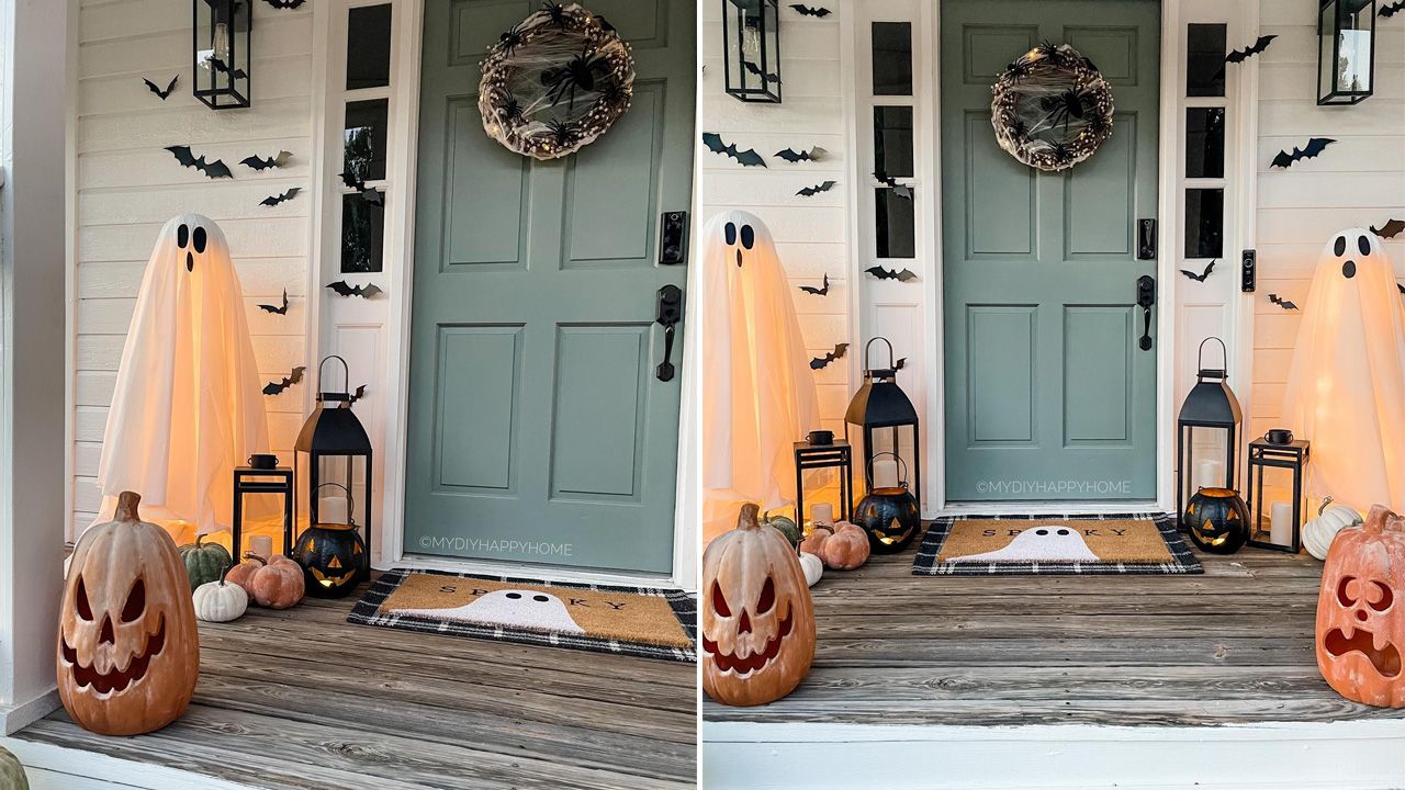 Front Porch Halloween Decoration Ideas - Lit ghosts