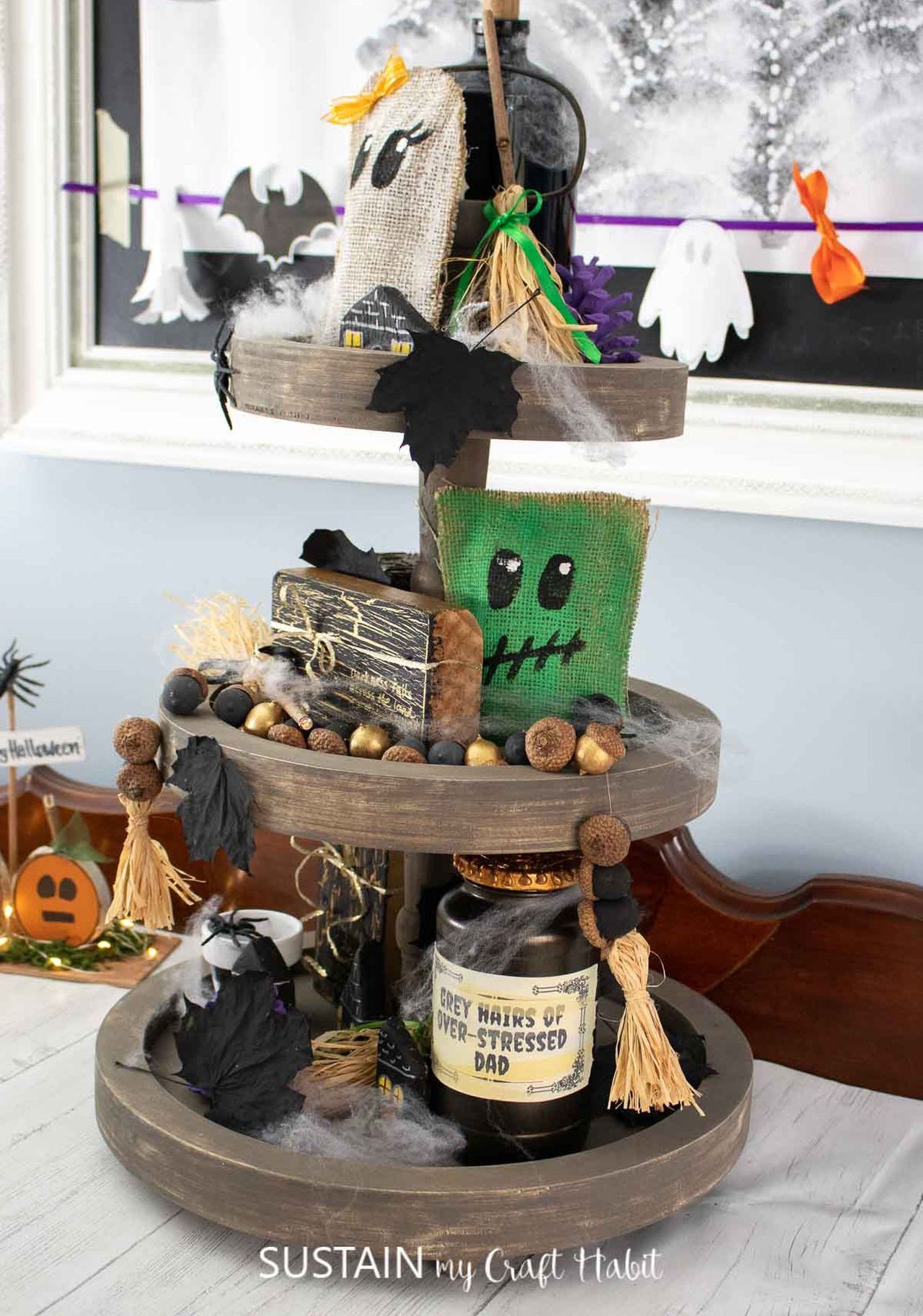 Halloween tiered tray decor ideas in burlap characters