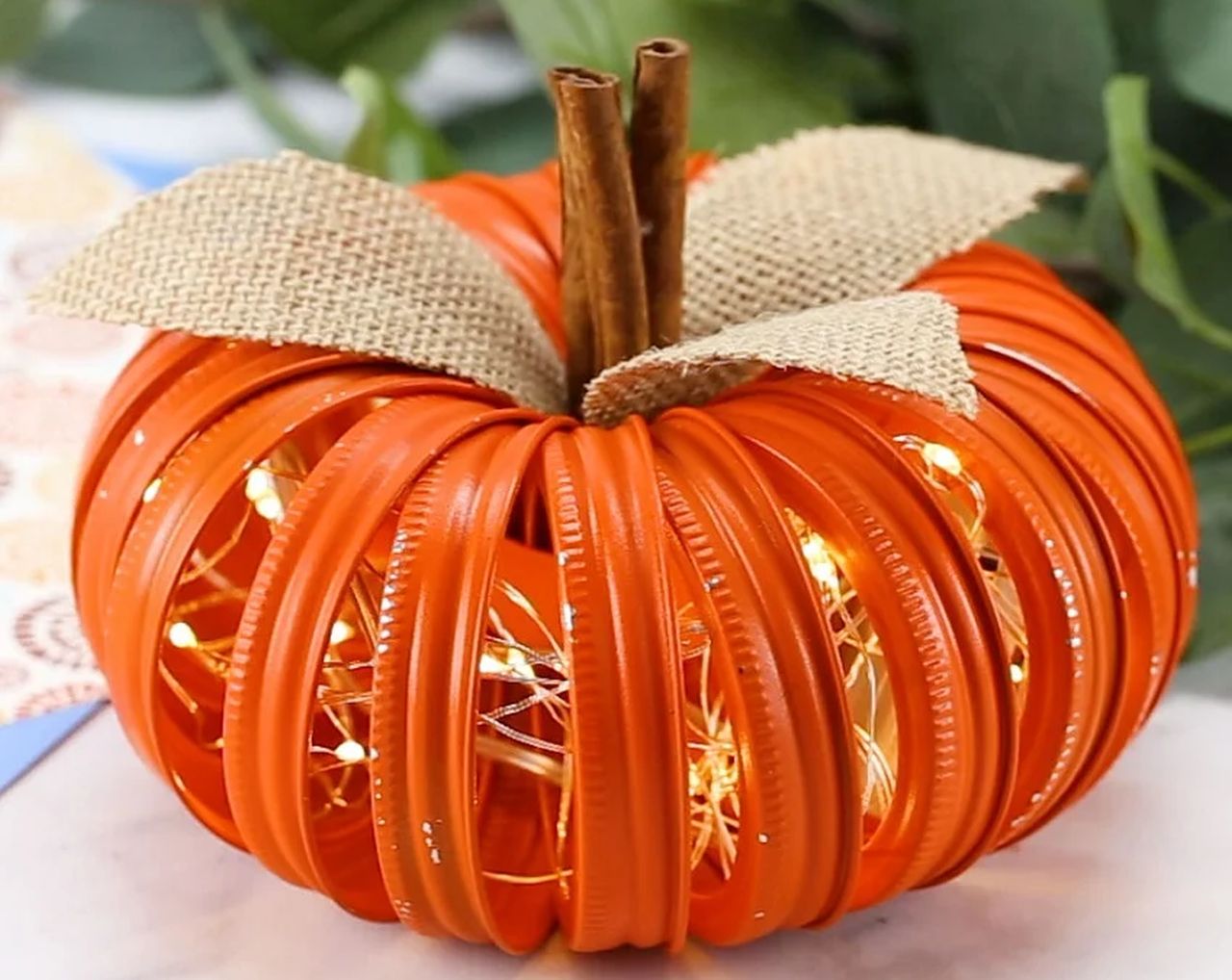 Mason Jar Lid Lighted Pumpkins