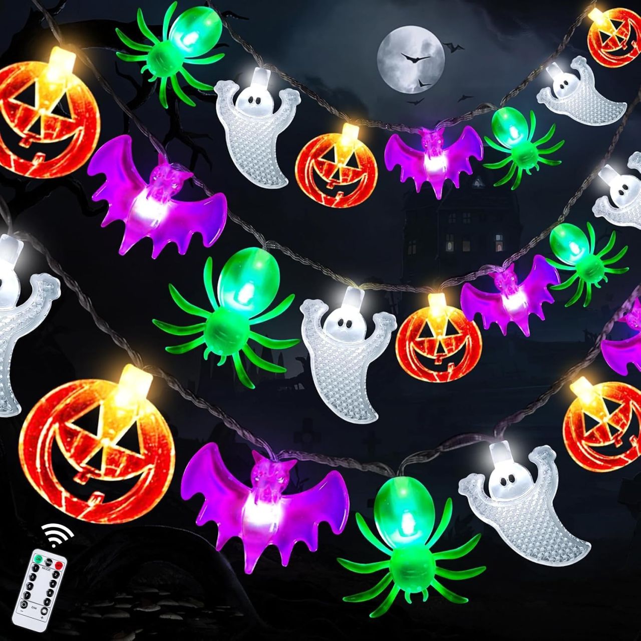 Pumpkin Bat Spider Ghost Halloween String Lights