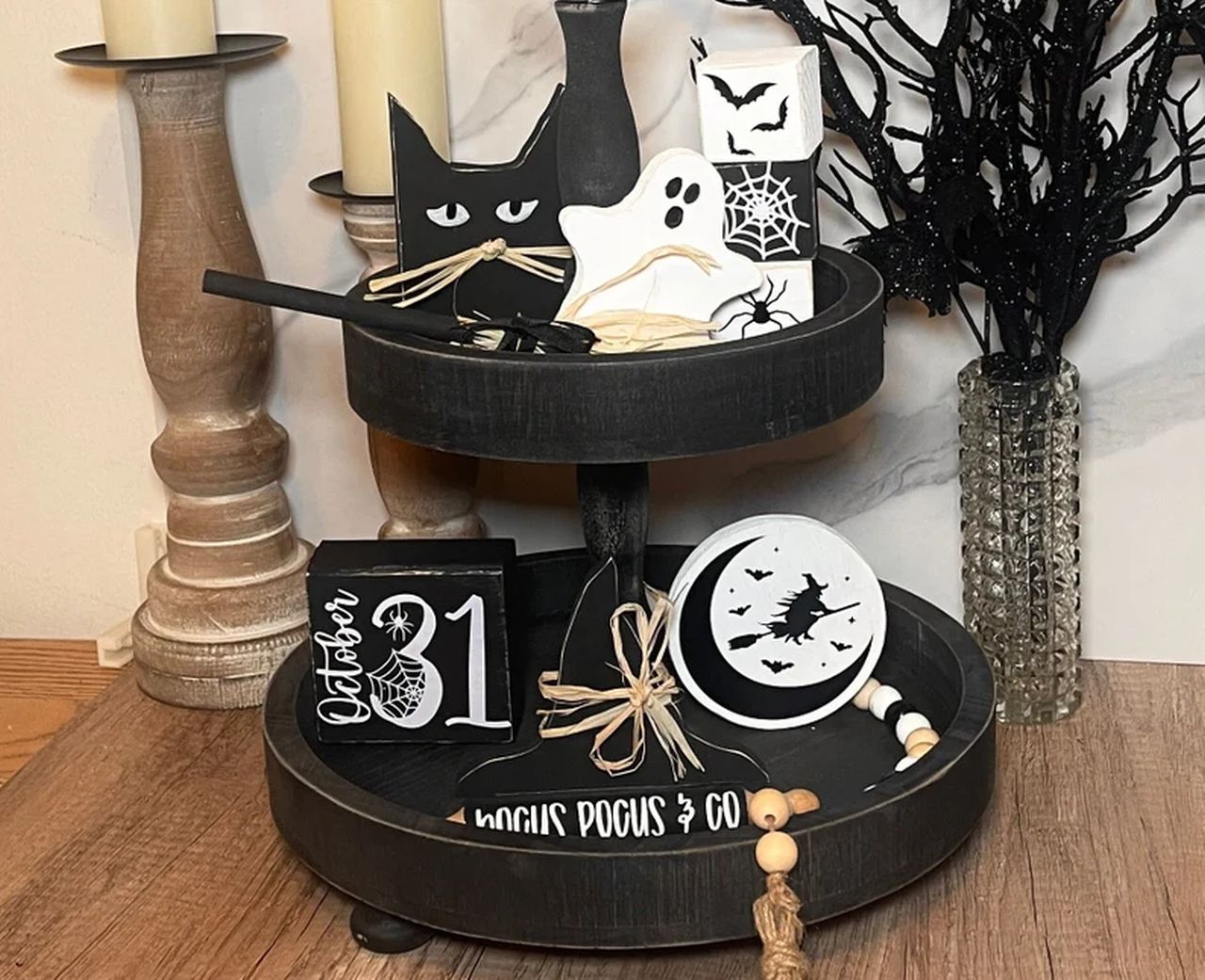 Tiered Tray decorated With Scary Cats, Bats, and Witches