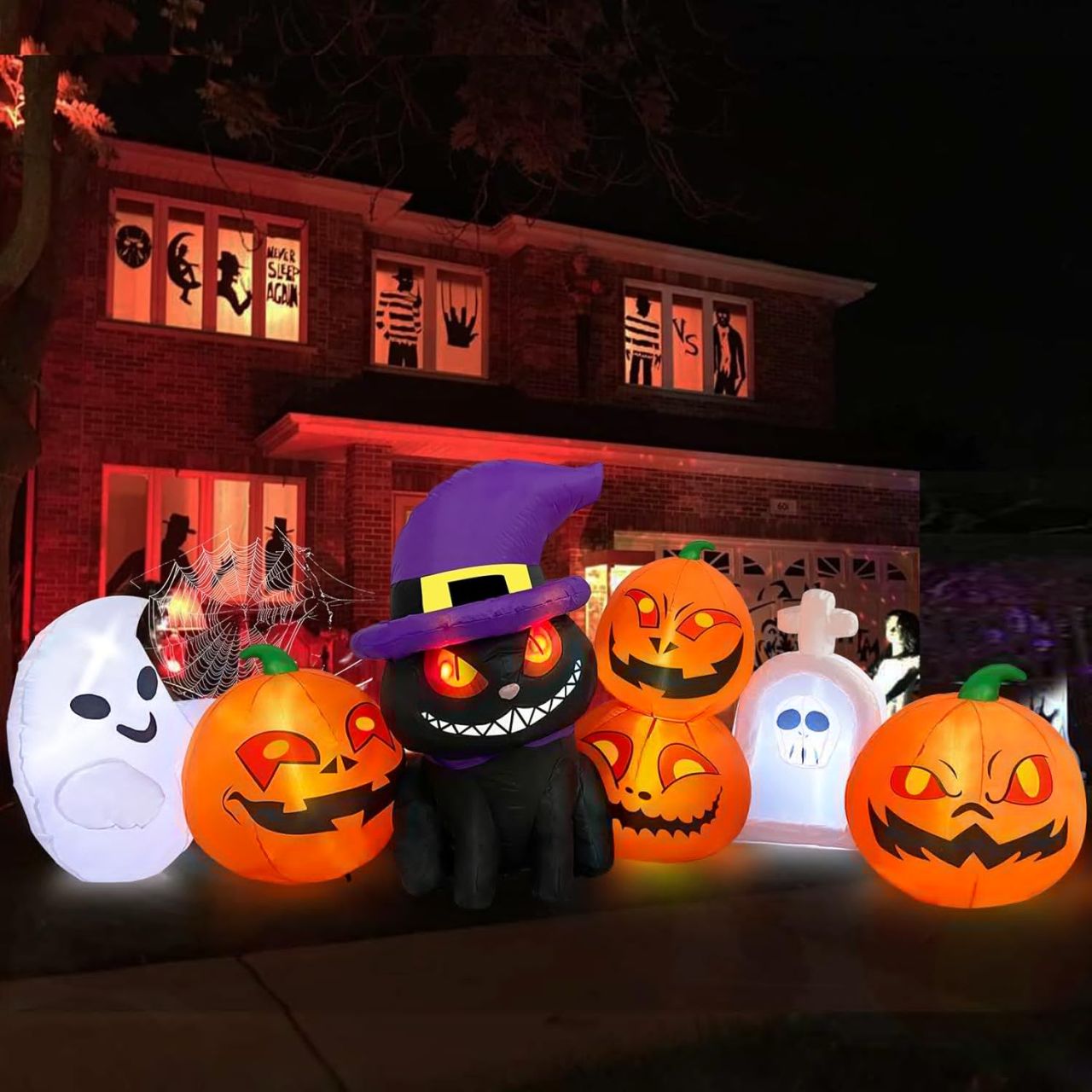 inflatable pumpkin and evil looking cat