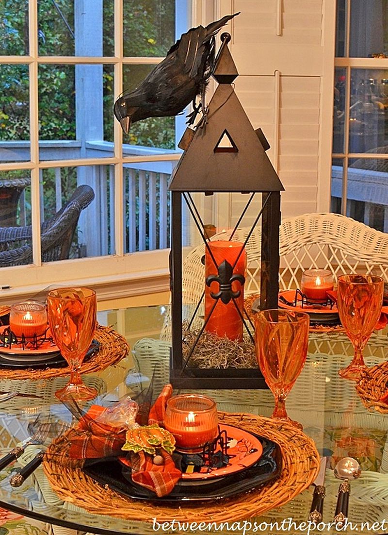 Halloween Table Setting with a Lantern Centerpiece