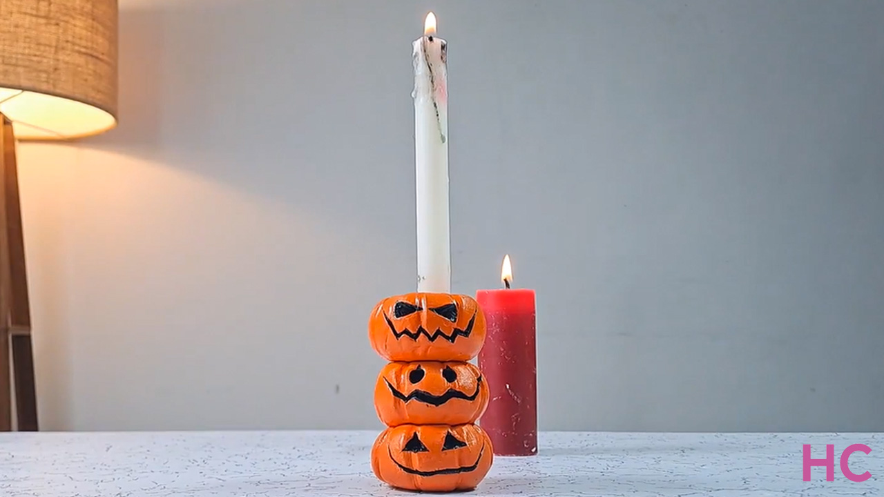 Jack-o-Lantern-DIY clay Candleholder-for-Halloween decor