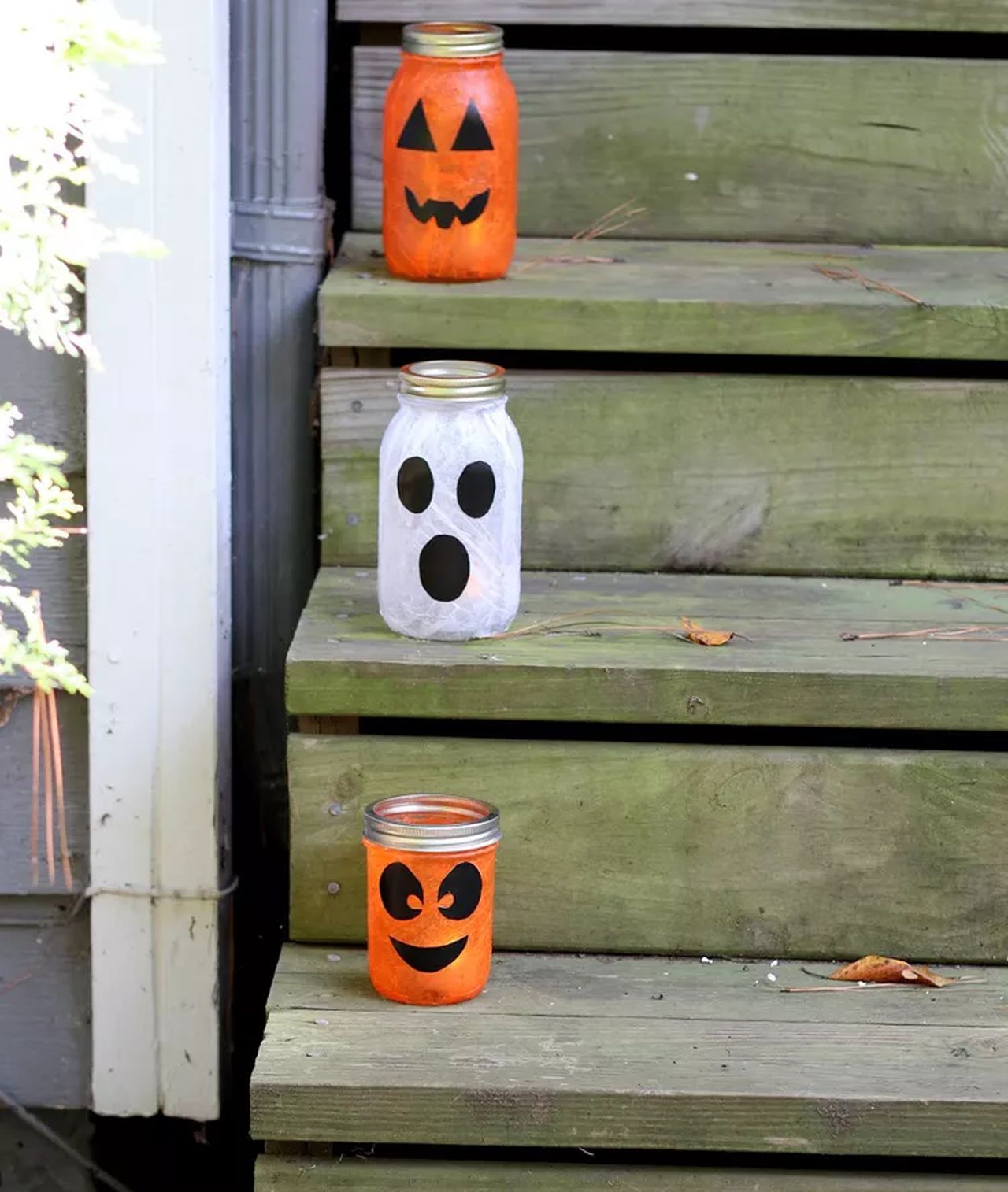 Mason Jar Jack O'Lanterns for outdoor staircase halloween decorations