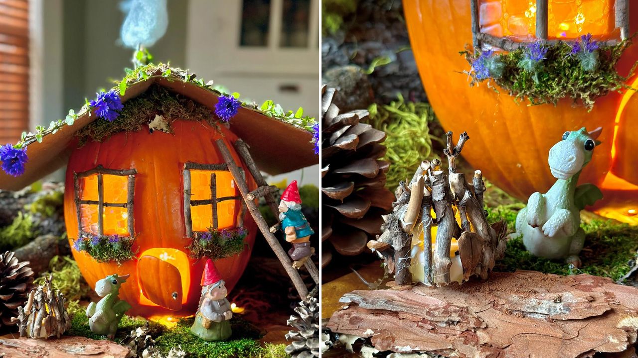 Pumpkin Fairy Garden Display Ideas - one with a baby dragon