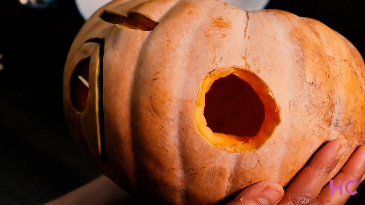 Pumpkin Fairy House - cut holes for windows flanking the door