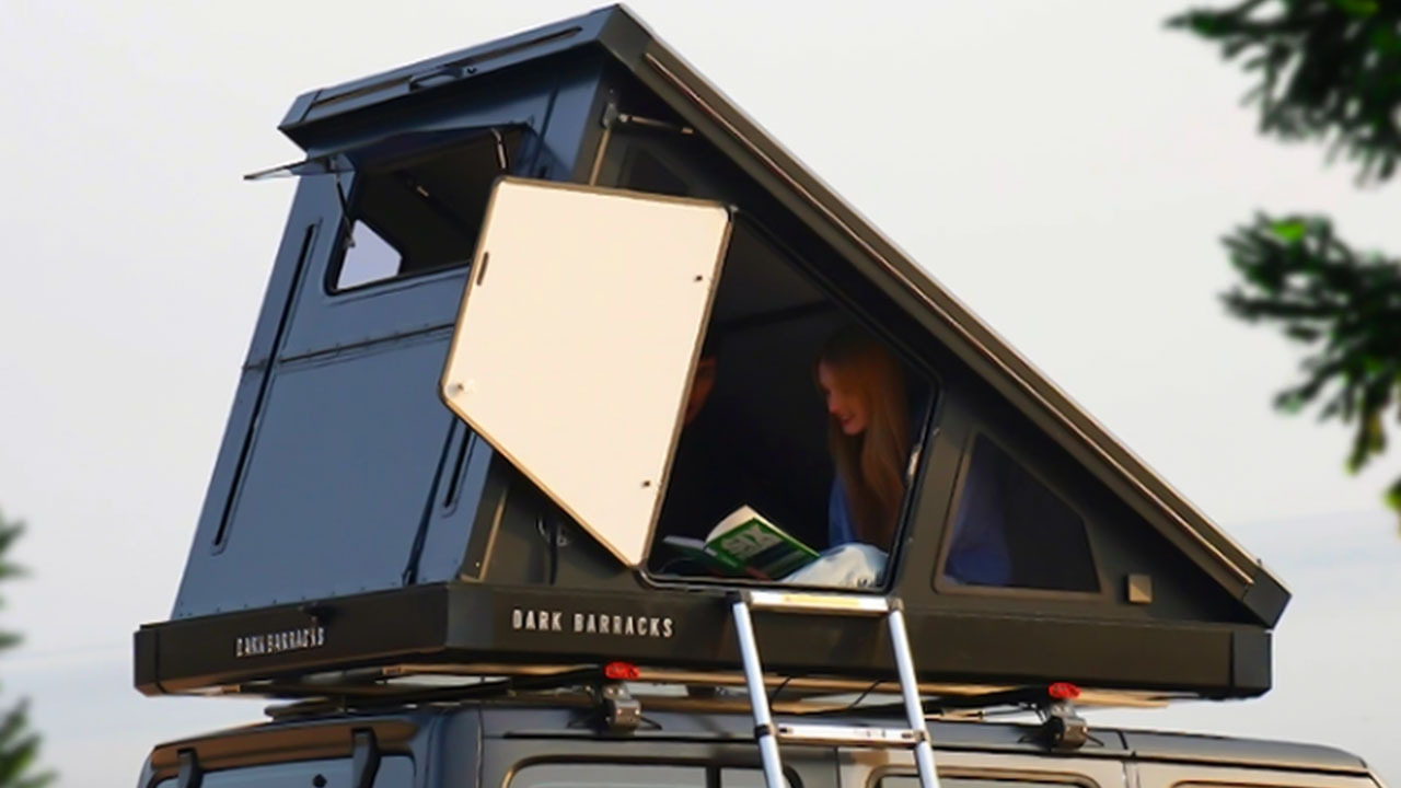 Dark Barrack’s Hard Shell Rooftop Tent boasts a sturdy covered structure