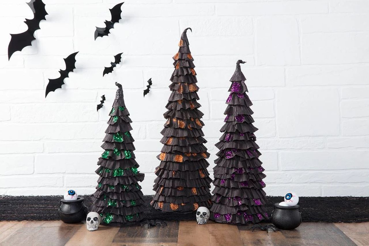 Halloween Mantle Trees from crepe paper 