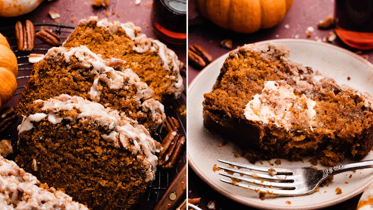 pumpkin bread with pecan streusel & maple glaze